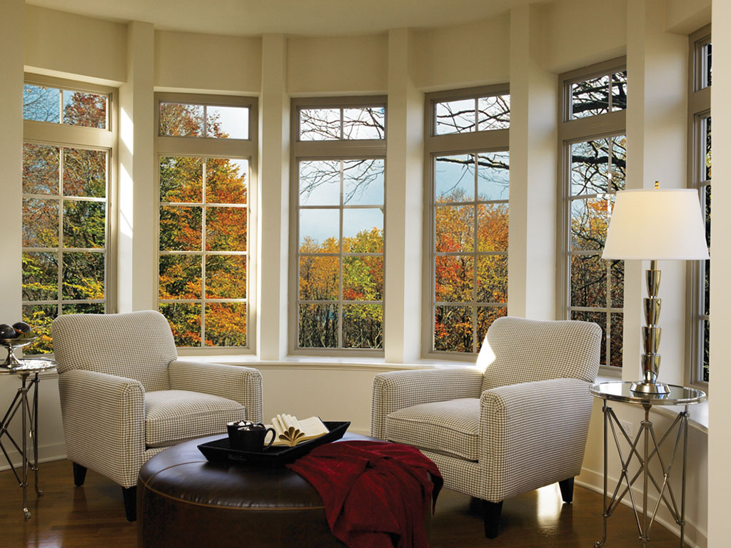 A box bay window projecting from a living room