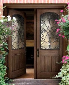 An elegant home entry door with sidelight windows