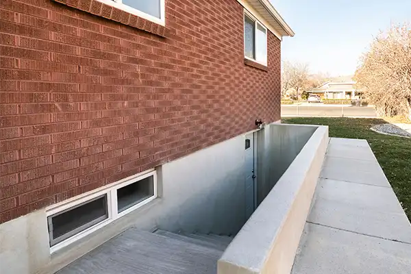 A basement egress window well against a brick exterior