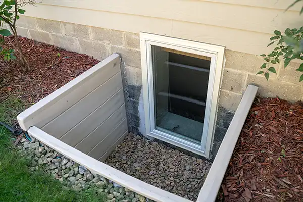 An egress window well with a protective cover and gravel drainage