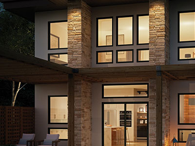 Dark-framed Milgard windows on a modern home