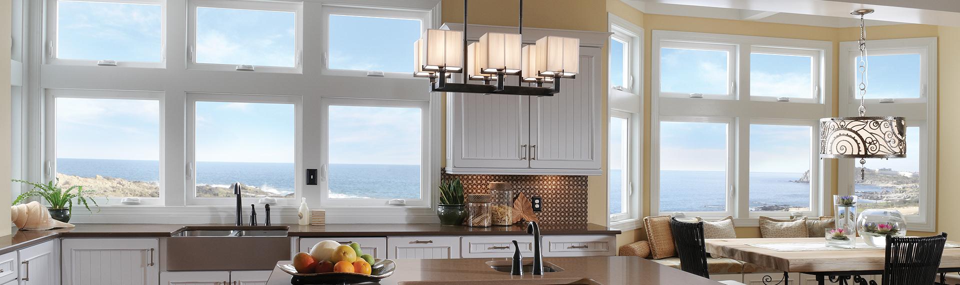 A bright kitchen with large wholesale windows