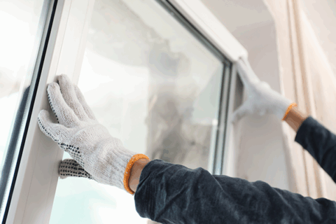 Installers fitting a large replacement window in a bright home