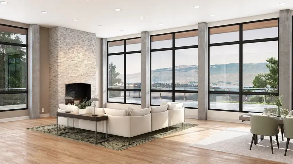 Black windows in a modern living room